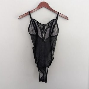 Vintage Shirley Black Lace Sheer Bodysuit  Made in USA size Medium fit Small 60s